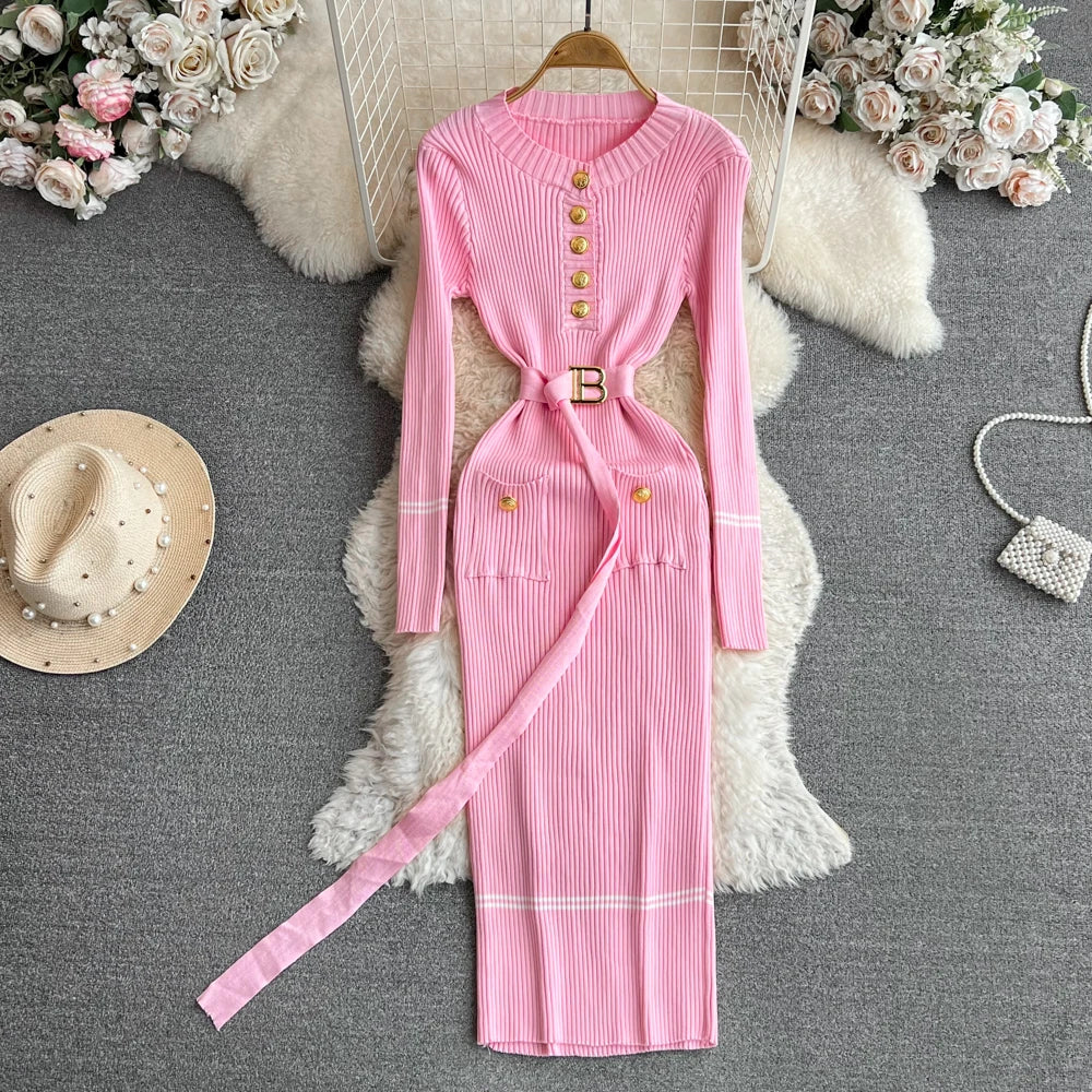 Elegant Long-sleeve Buttoned Pink Ribbed Dress With Belt
