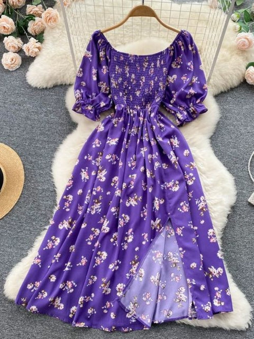 Puff-Sleeve Square-Neck Floral Print Drawstring Mini A-Line Dress ( on Clearance )