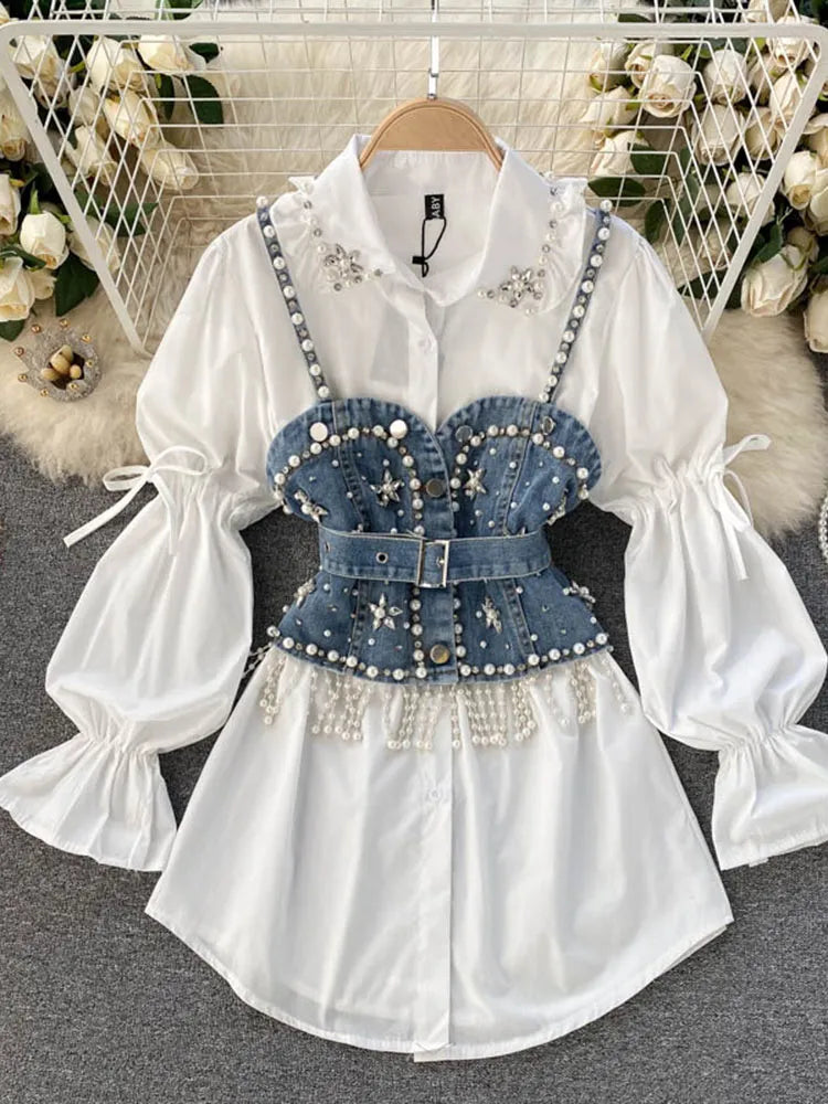 Embellished Pearl Denim Corset With White Puff Sleeve Shirt