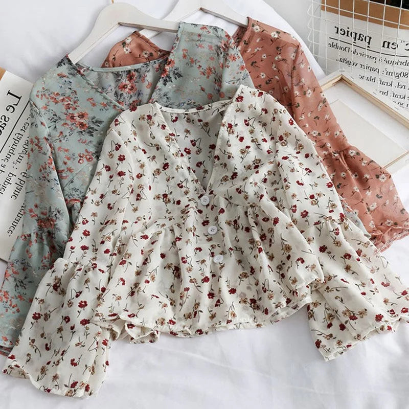 Womens Floral Print V-neck Long Sleeve Blouse Variety