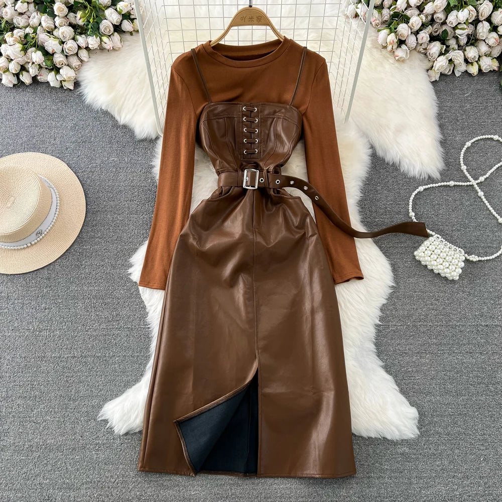 Elegant Long-sleeve Faux Leather Dress With Belt
