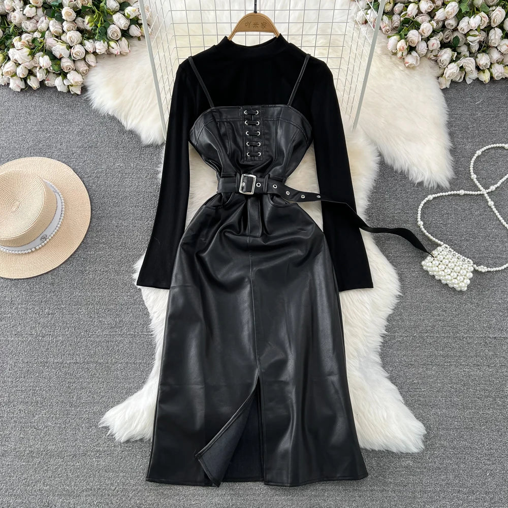 slim fit dress slacks Off White Denim Faux Leather Trim Belt Mini Dress main image 0