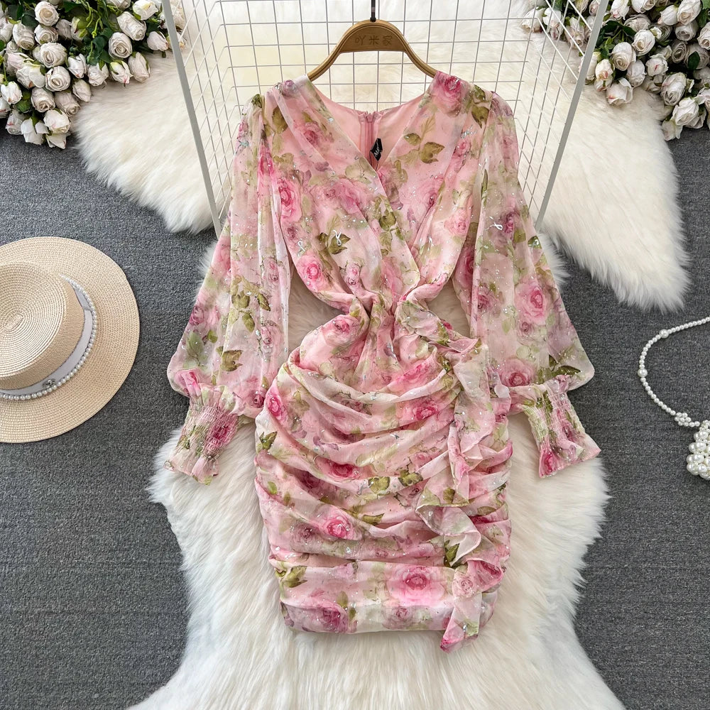 Floral Print Chiffon Ruffle Dress For Spring Wear