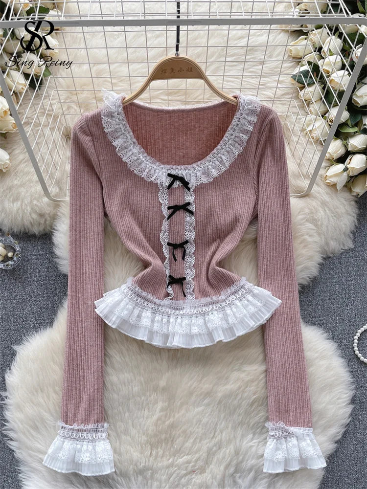 Vintage-inspired Lace Collar Ribbed Peplum Sweater Blouse