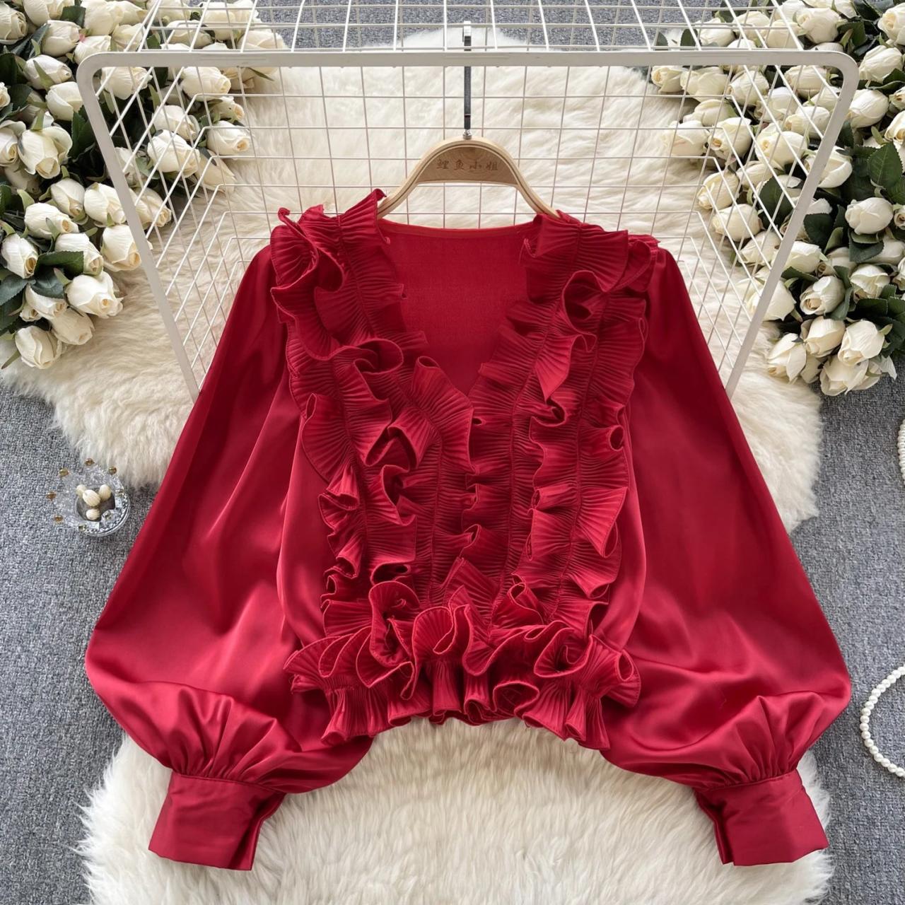 Elegant Red Ruffle Front Satin Blouse For Women