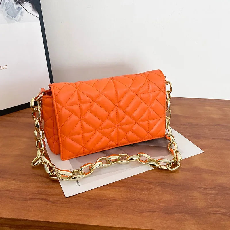 Quilted Orange Clutch Bag With Gold Chain Strap