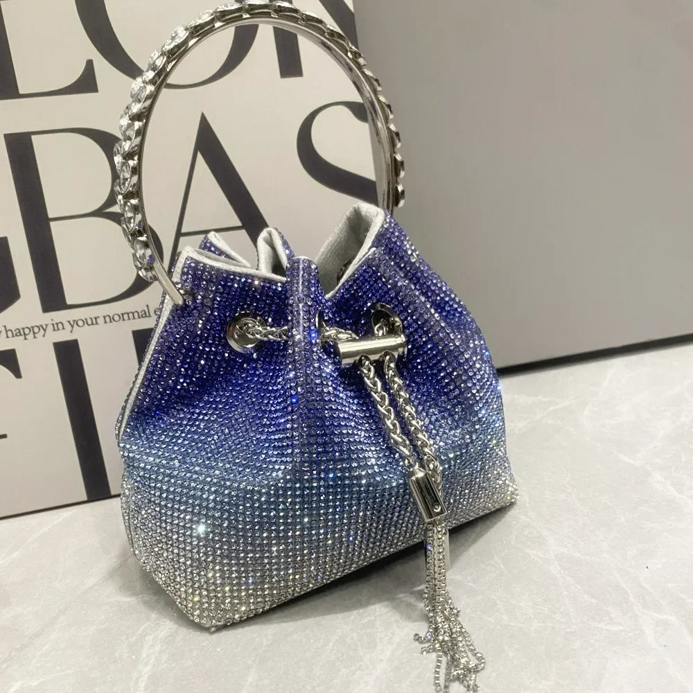 Elegant Blue Rhinestone Bucket Bag With Silver Chain