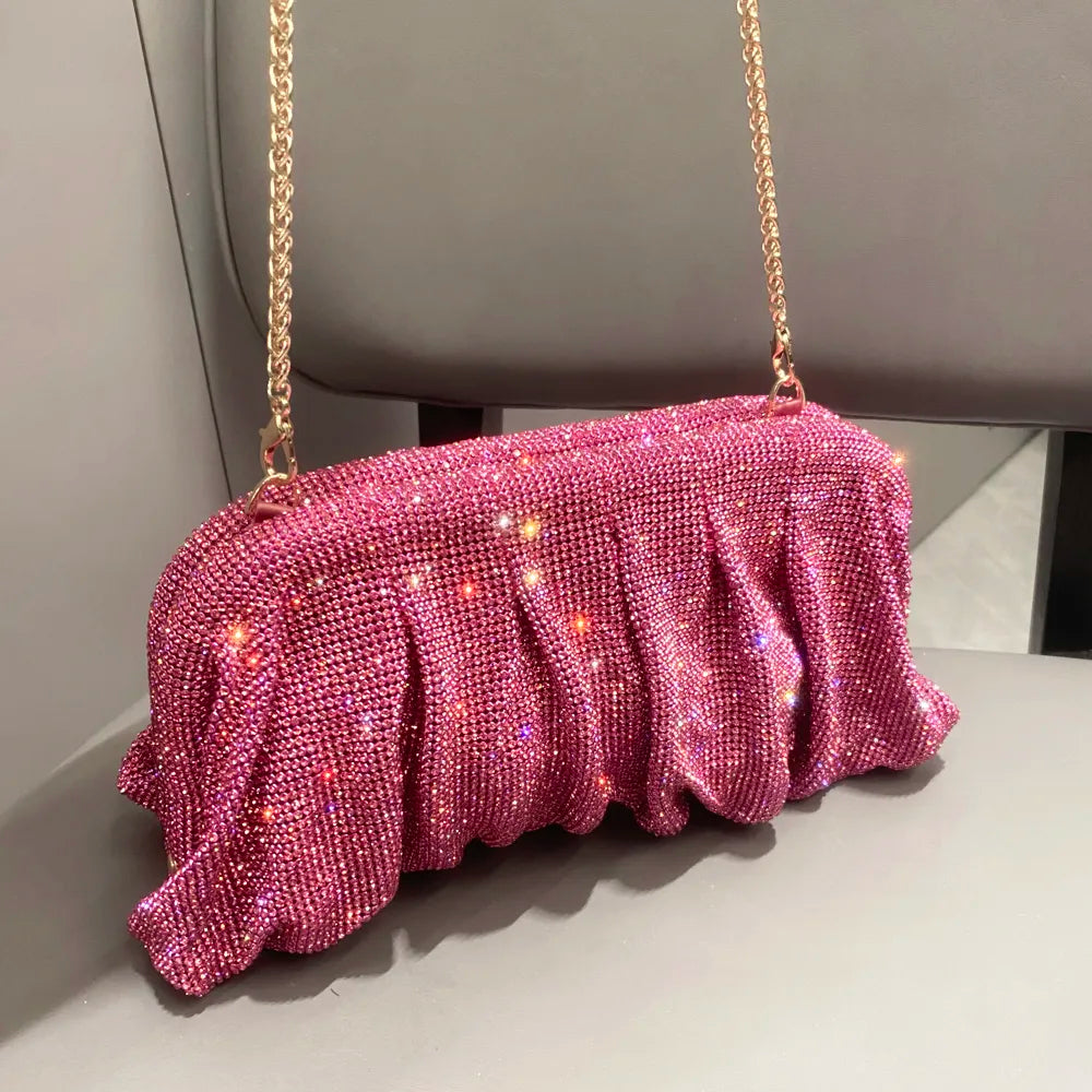 Elegant Pink Crystal Rhinestone Pleated Evening Clutch Bag