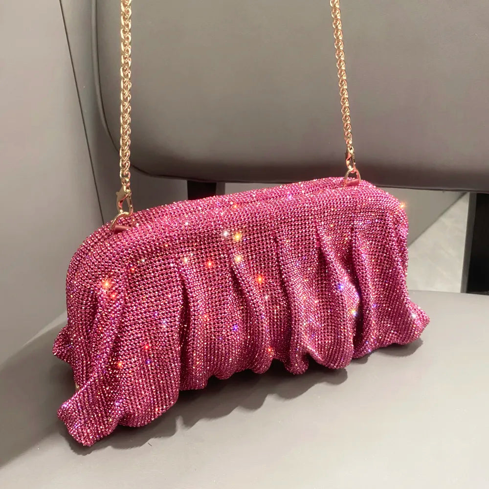 Elegant Pink Crystal Rhinestone Pleated Evening Clutch Bag on Luulla