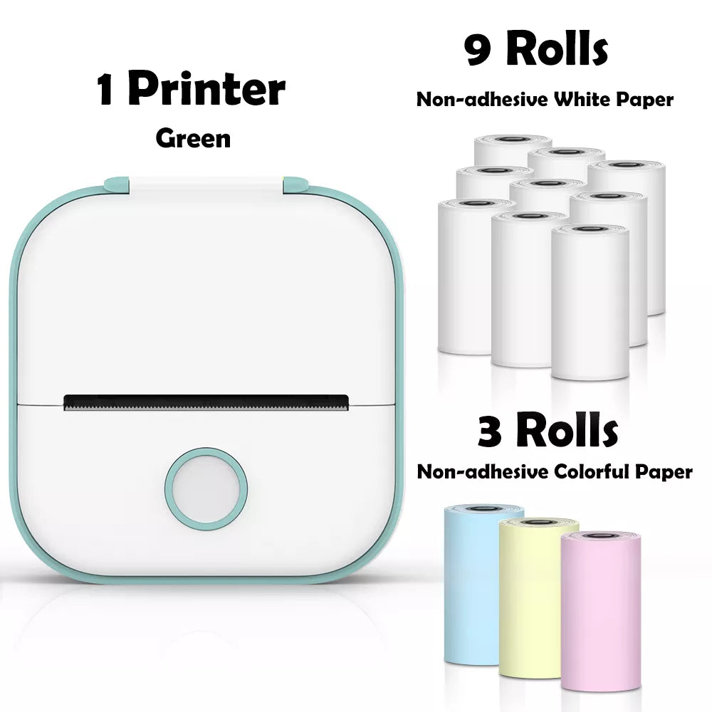 Compact Green Printer Bundle With White And Colorful Paper Rolls