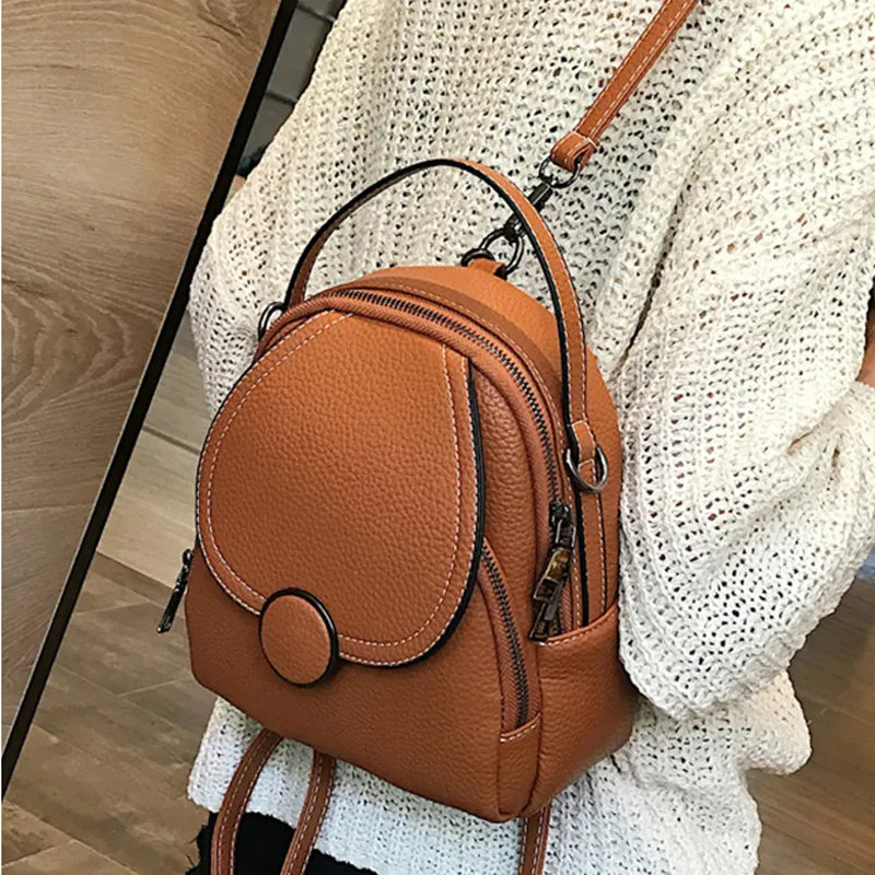 Womens Trendy Compact Tan Leather Backpack Purse