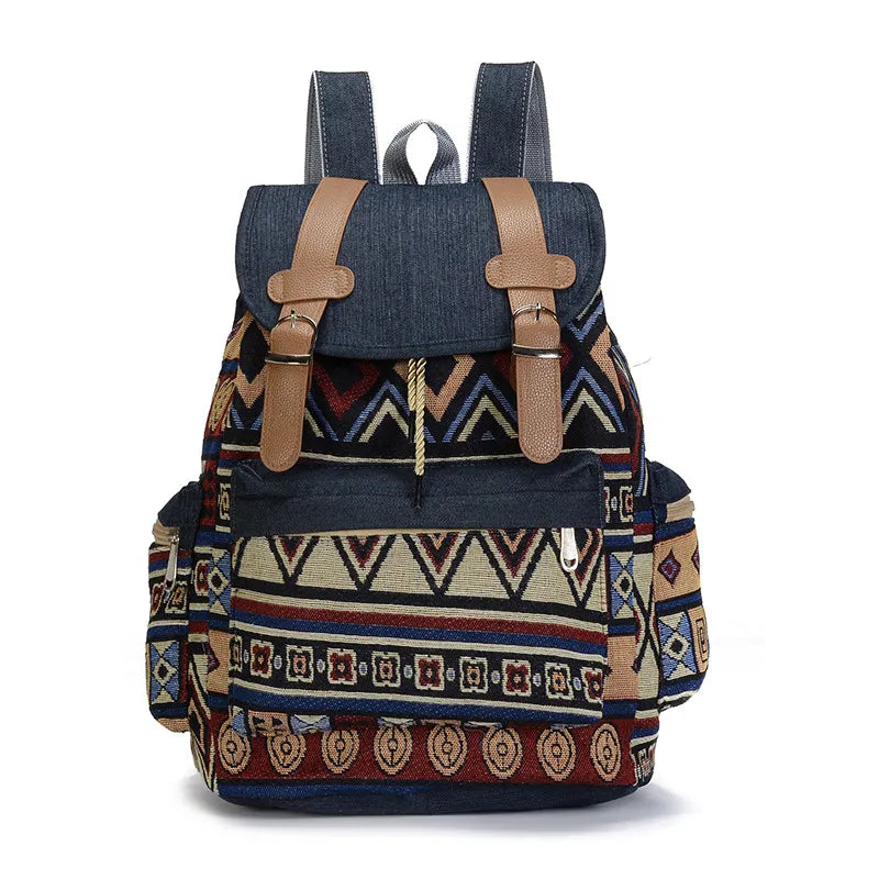 Vintage Tribal Pattern Canvas Backpack With Leather Straps
