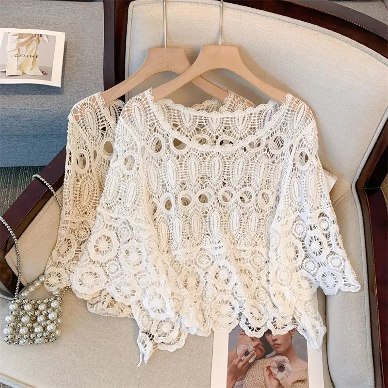 Bohemian Crochet Lace Blouse Vintage Bell Sleeve Top