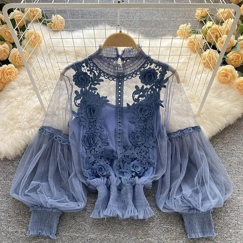 Elegant Sheer Floral Lace Puff Sleeve Blouse on Luulla