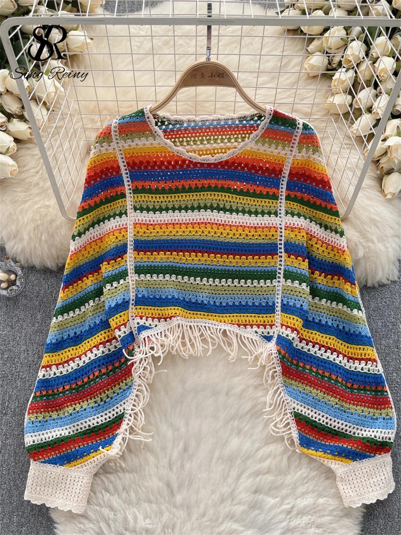Bohemian Style Crochet Knit Striped Fringe Poncho Sweater