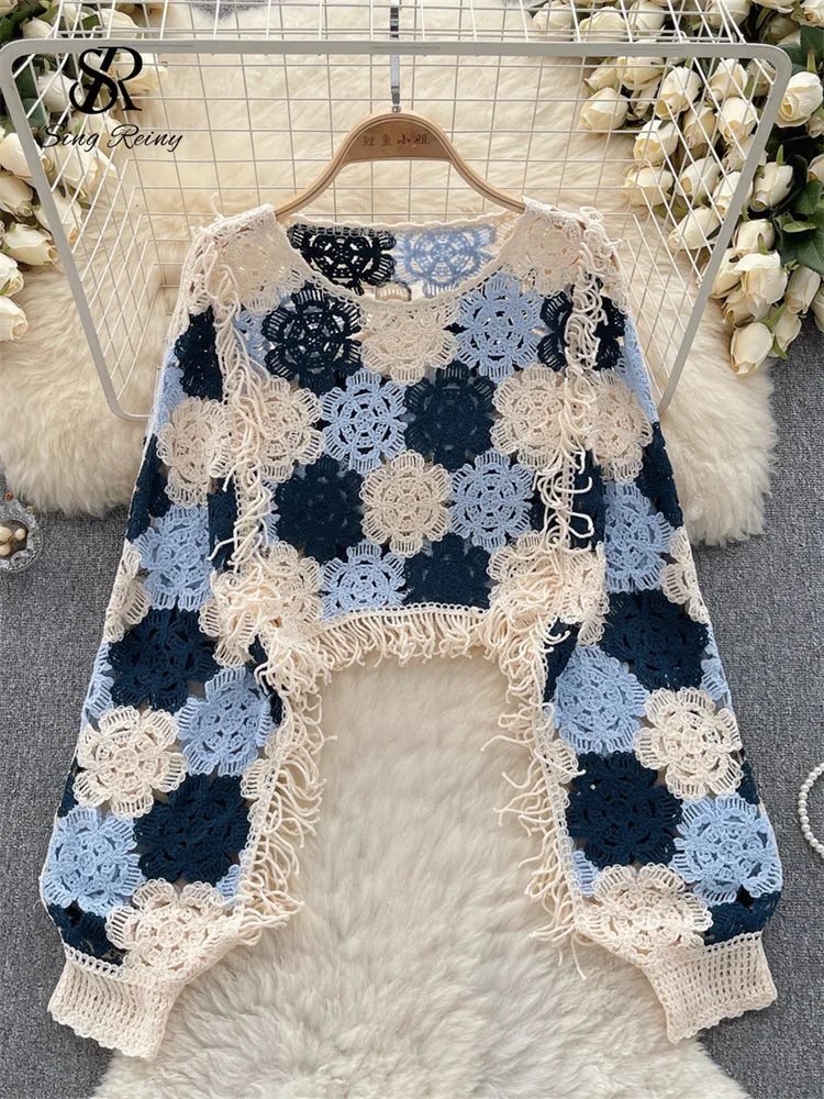 Womens Bohemian Crochet Knit Fringe Trim Pullover Sweater