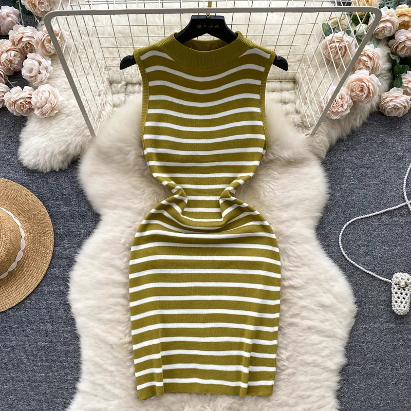Olive Green Striped Sleeveless Turtleneck Knit Top on Luulla
