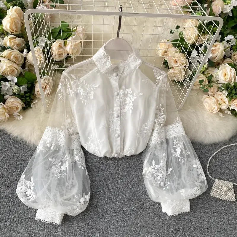 Elegant Floral Lace Sheer Sleeve Blouse For Women on Luulla