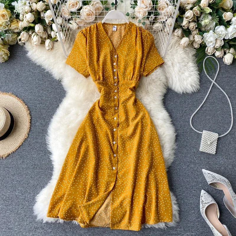 Heartwait Womens Mustard Polka Dot V Neck Midi Dress