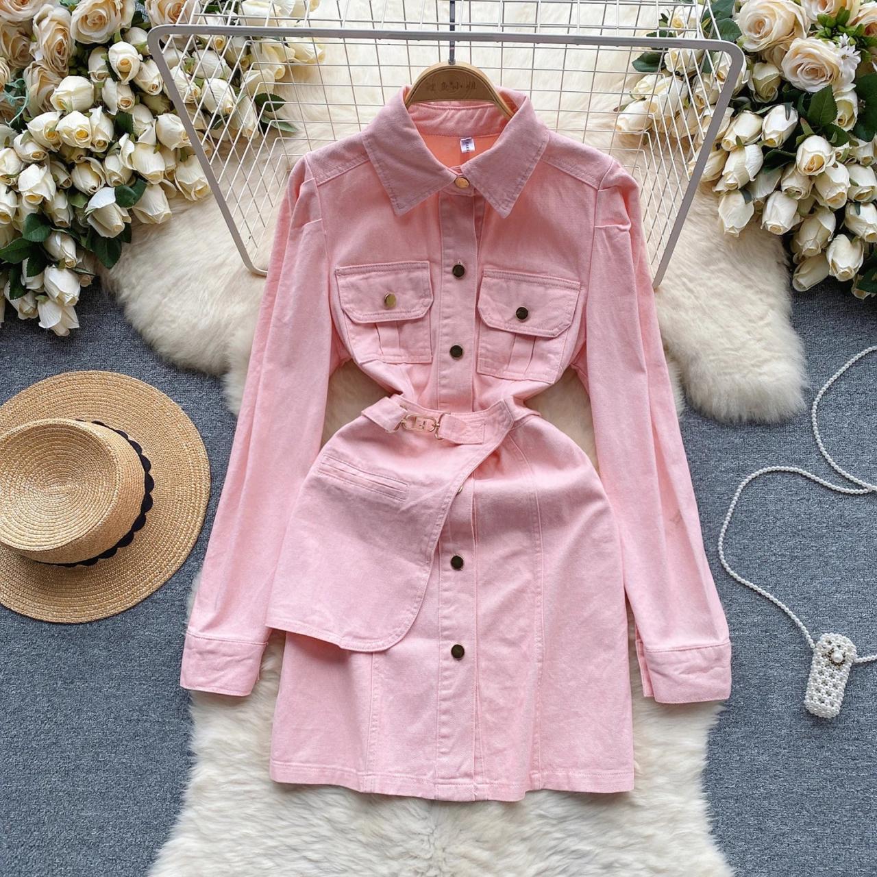 Shirt Dress Pink Denim Overall Dress Cotton Denim Overall Dress