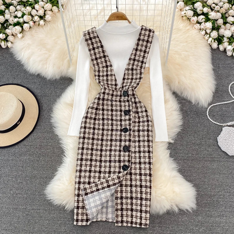 Womens Sleeveless Plaid Dress with White Turtleneck Sweater