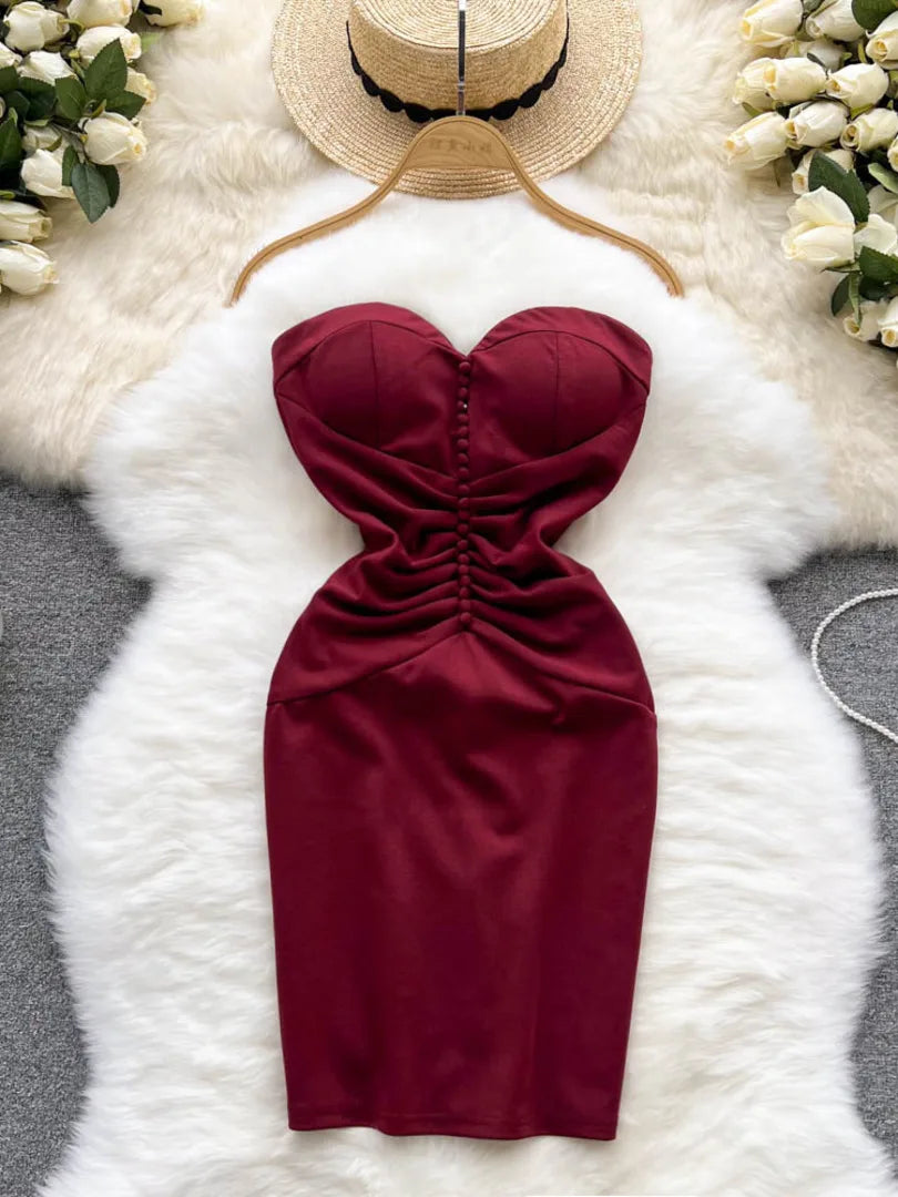 Elegant Strapless Sweetheart Neckline Midi Dress Burgundy