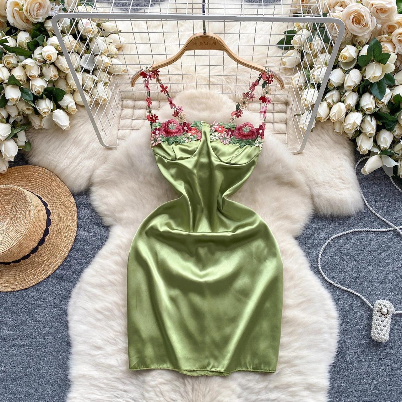 Elegant Sexy Satin Embroider Off Shoulder Slip Dress Fairy Summer Beach Vacation Vestidos Slim Women Mini Dresses