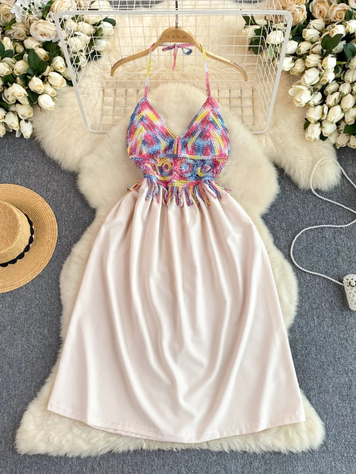 Boho Chic Halter Neck Summer Dress With Colorful Bodice