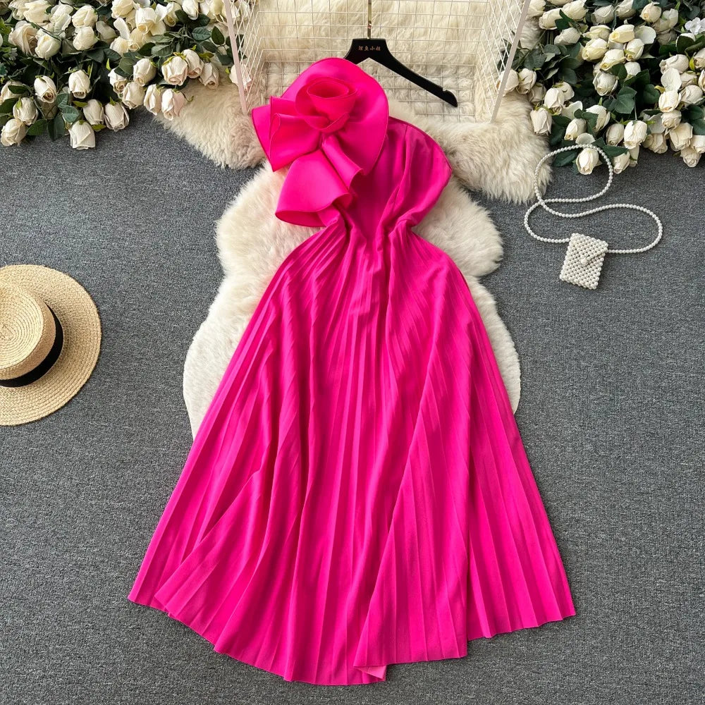 pink pleated halter neck dress Pink Pleated Halter Neck Flowy Mini Trapeze Dress