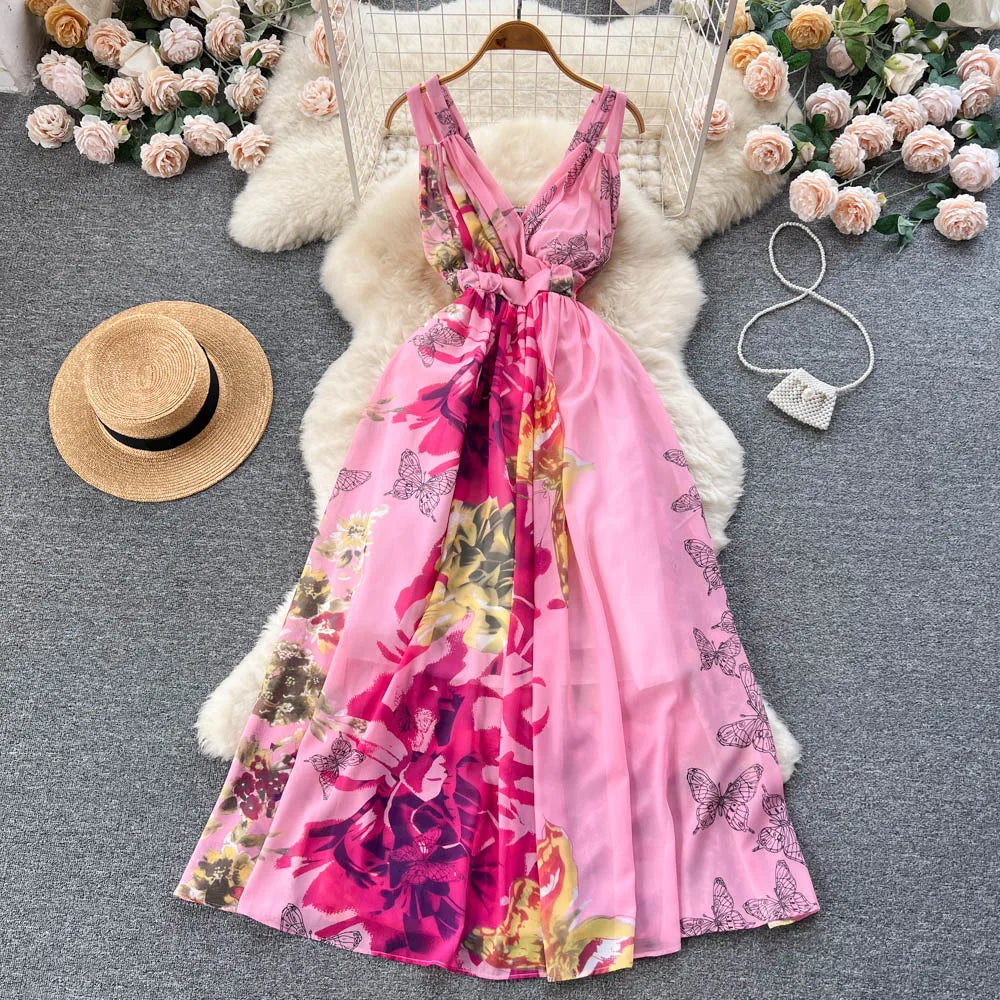 Womens Floral Print Summer Sleeveless Maxi Dress
