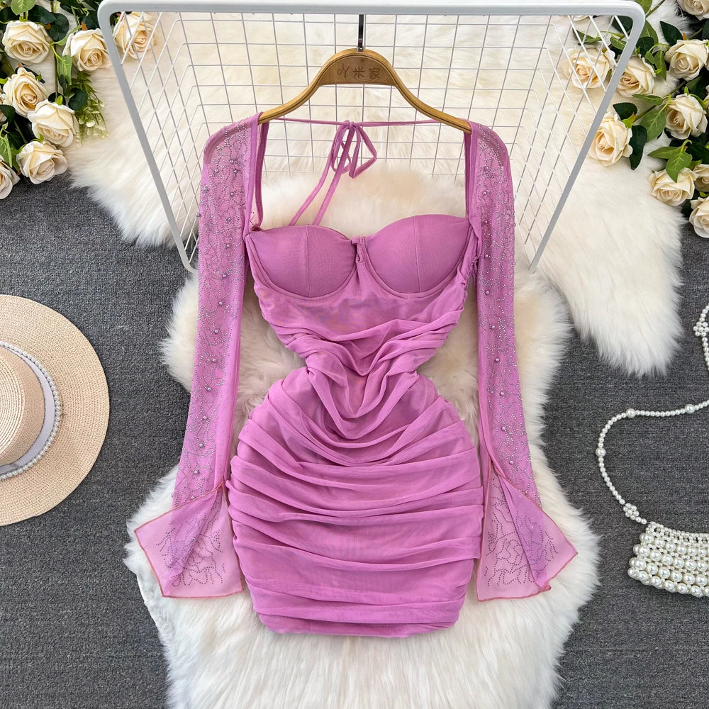 Elegant Pink Ruched Dress With Sheer Sleeve Embellishments