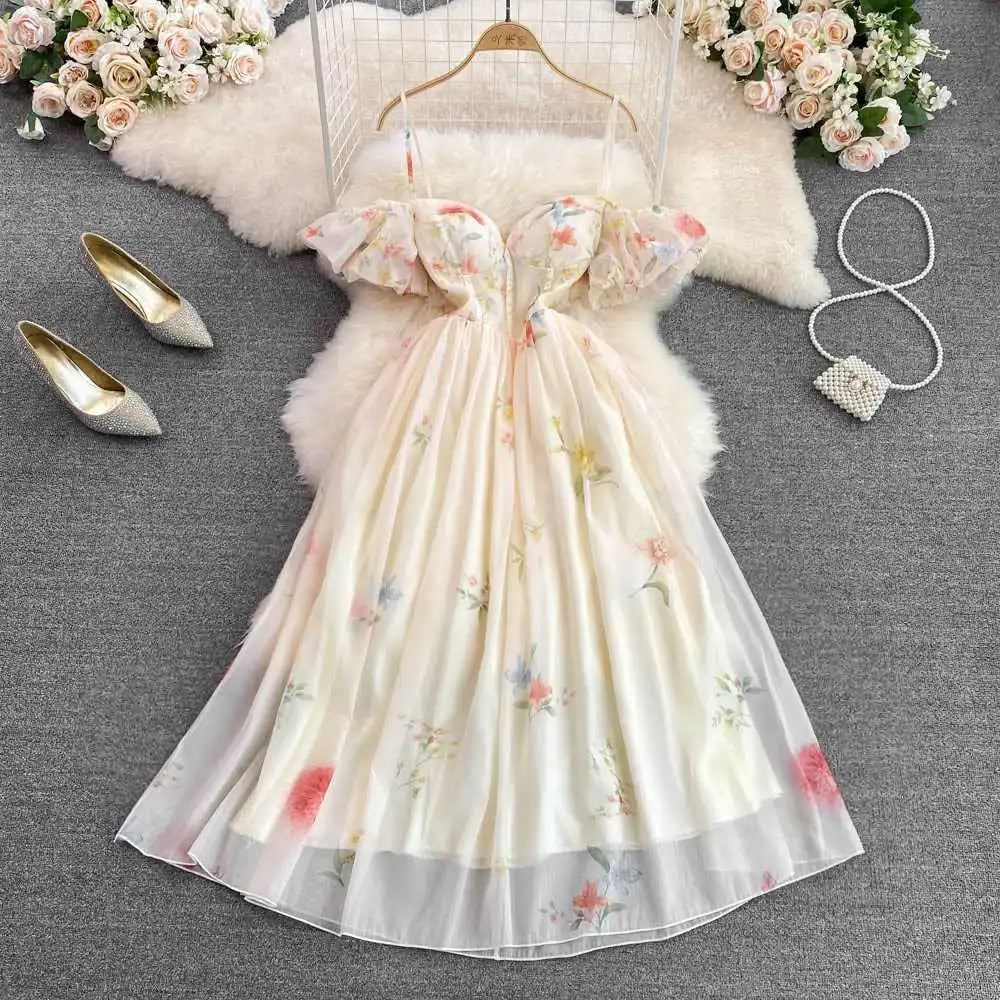 Elegant Floral Print Tulle Midi Dress With Ruffled Sleeves on Luulla