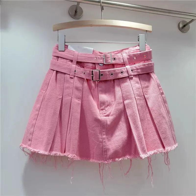 Womens Pink Distressed Denim Pleated Mini Skirt