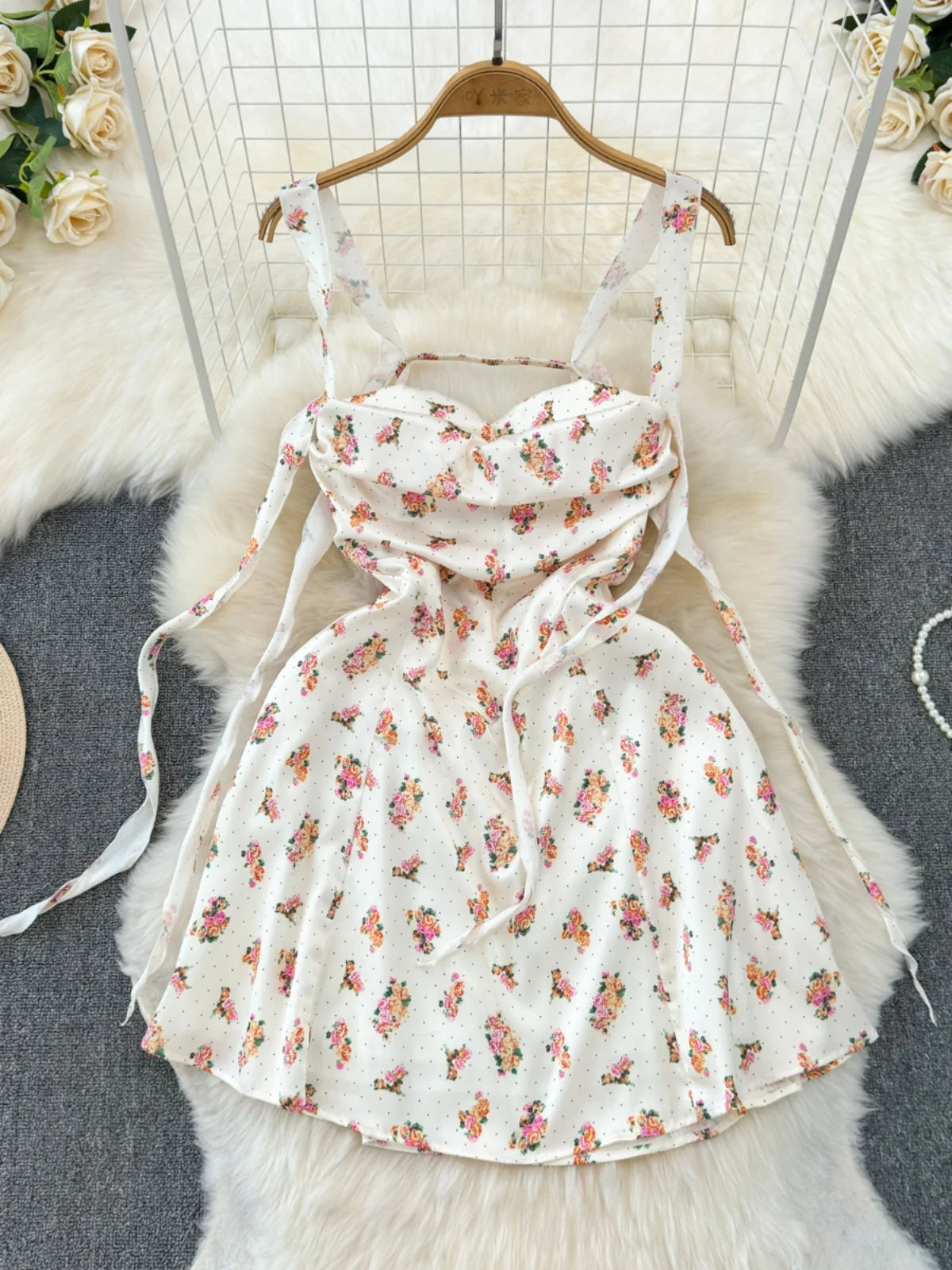 Floral Print Sweetheart Neckline Summer Dress With Tie