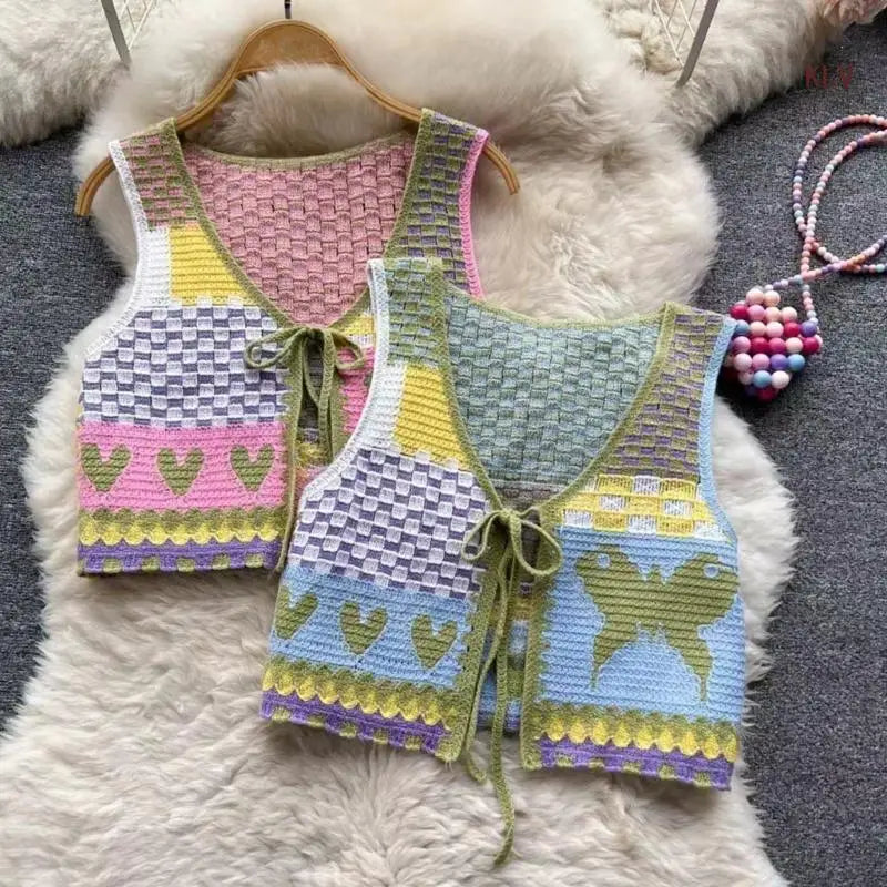 Handmade Crochet Heart Pattern Sleeveless Crop Top Set