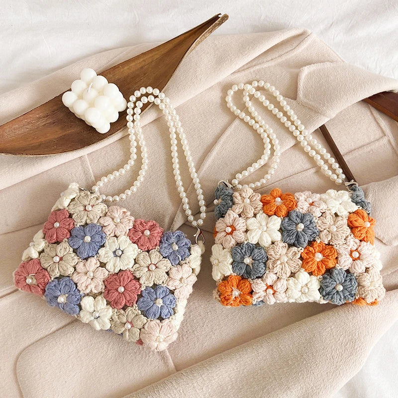 Vintage Floral Crochet Pearl Strap Handbags For Women
