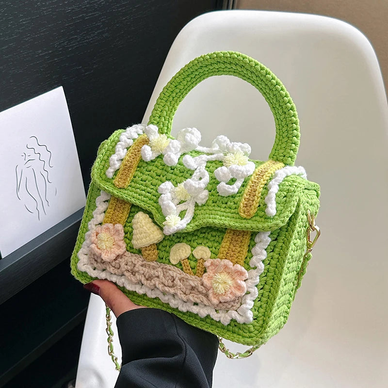 Handmade Floral Crochet Satchel Bag With Chain Strap on Luulla