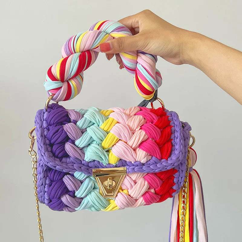 Colorful Handmade Braided Fabric Shoulder Bag With Chain