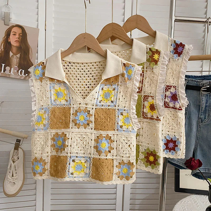 Vintage Crochet Floral Patchwork Sleeveless Vest Top