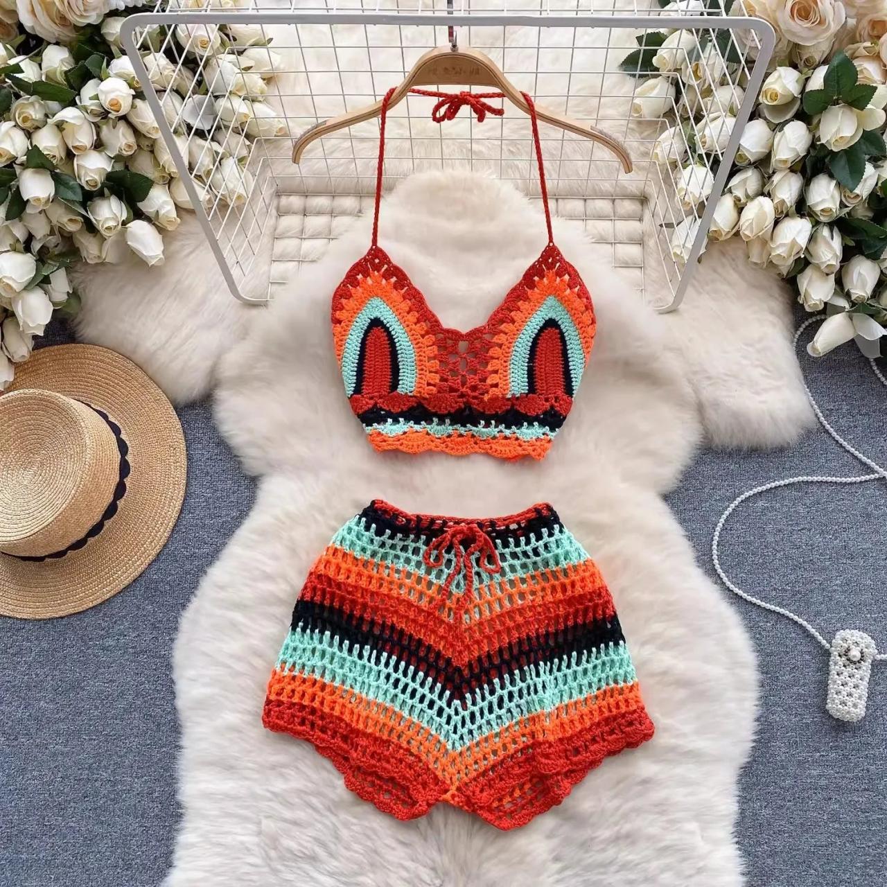 Handmade Crochet Bikini Top And High-waisted Shorts Set on