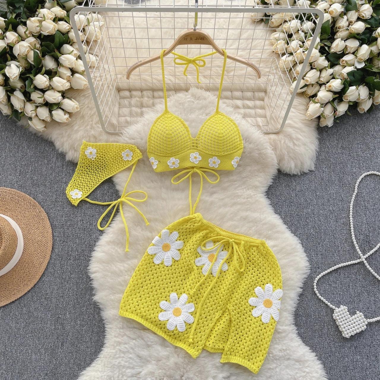 Womens Floral Crochet Bikini Set With Matching Shorts on Luulla - Main Image