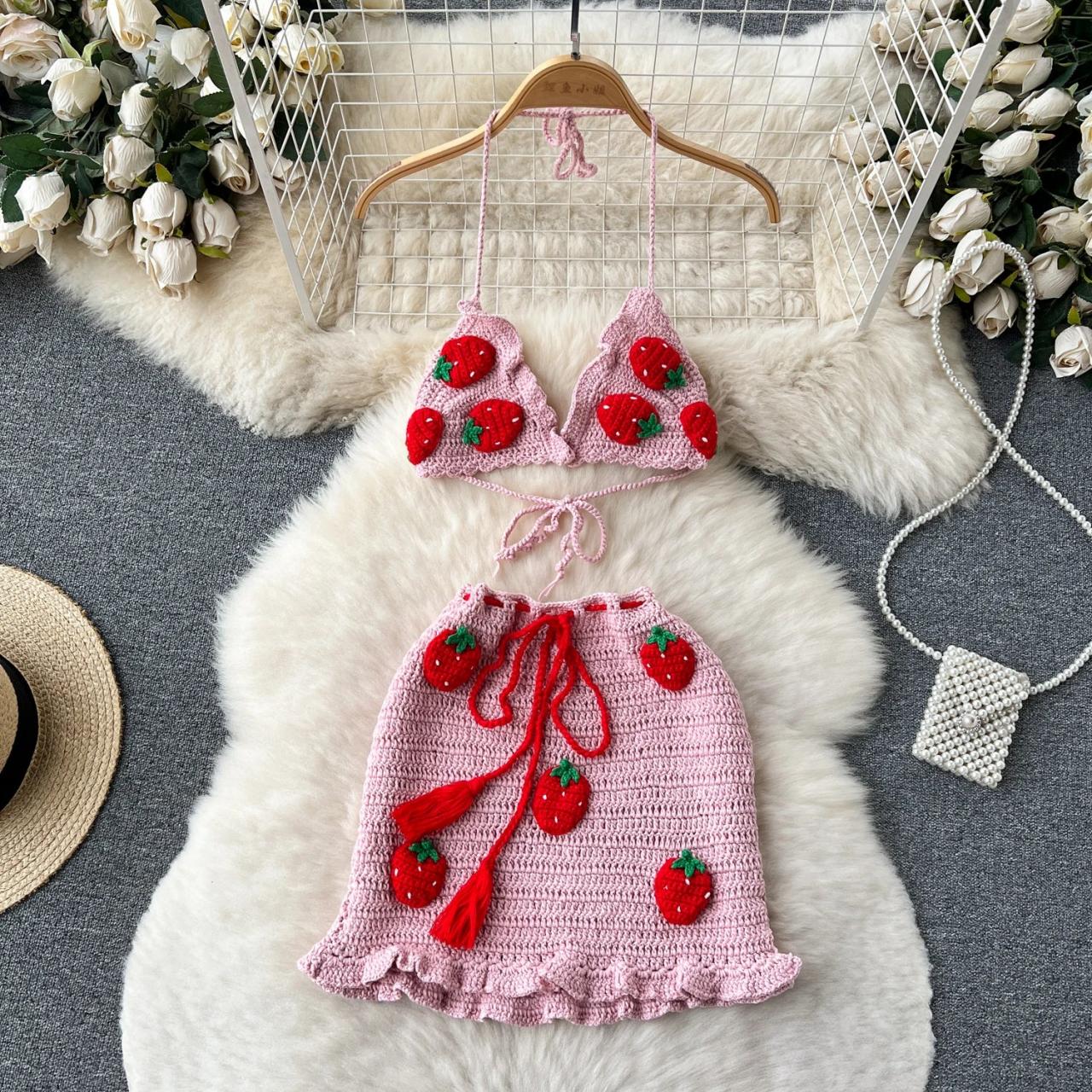 Summer Knitted Beach Two Pieces Sets 2023 Sleeveless Strap Top+mini Skirt Sets Strawberry Sweet Ruffles Vacation Suits