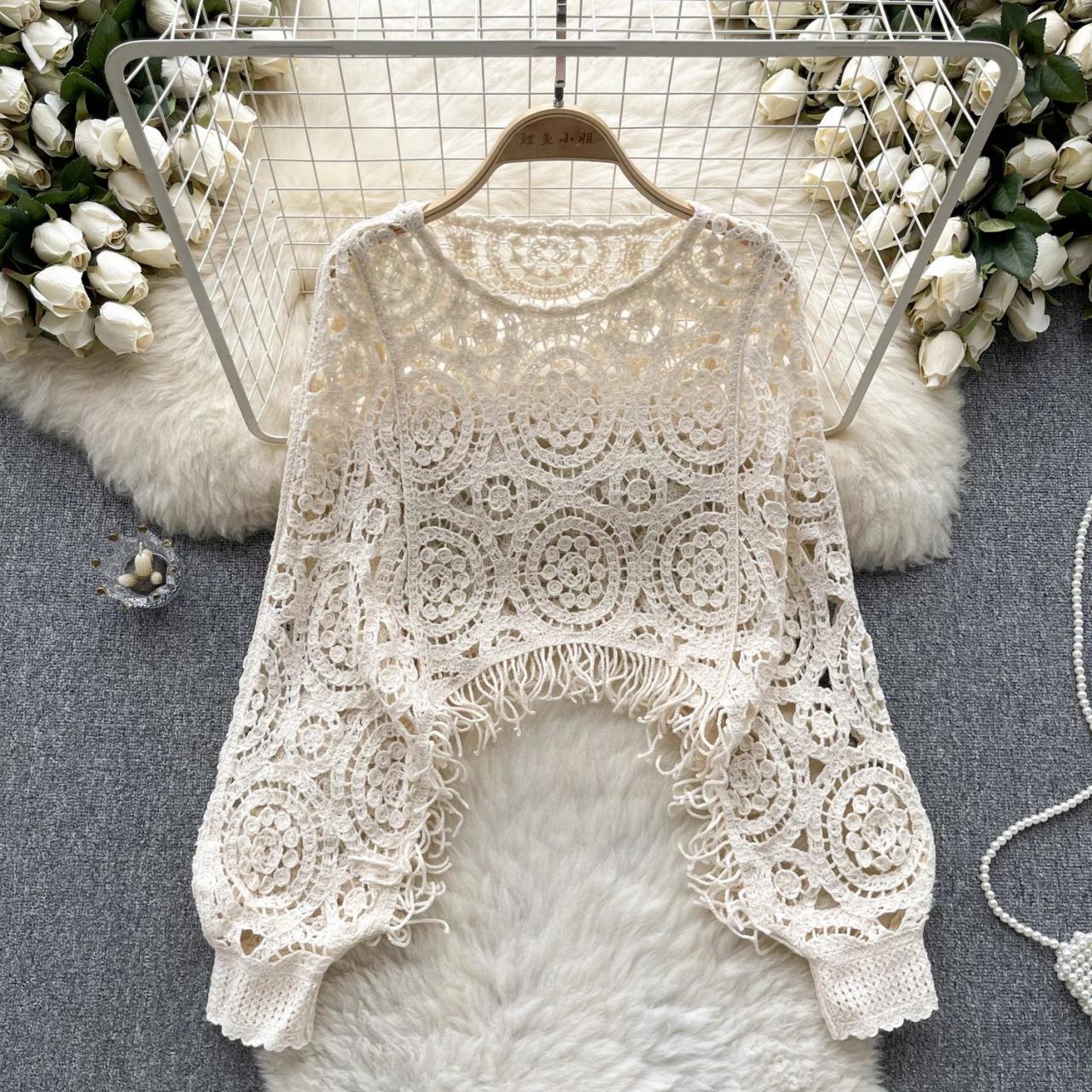 Womens Elegant Crochet Lace Fringe Poncho Sweater Top