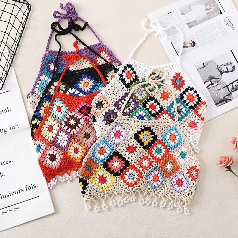 Handmade Crochet Flower Pattern Boho Tassel Shoulder Bag