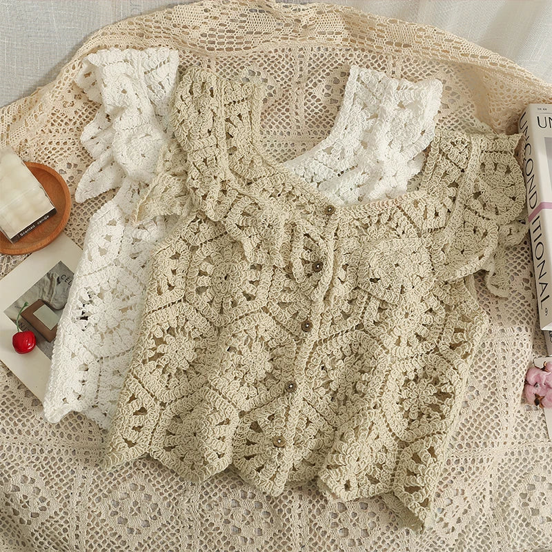 Vintage Crochet Lace Blouse Bohemian Style Top Beige