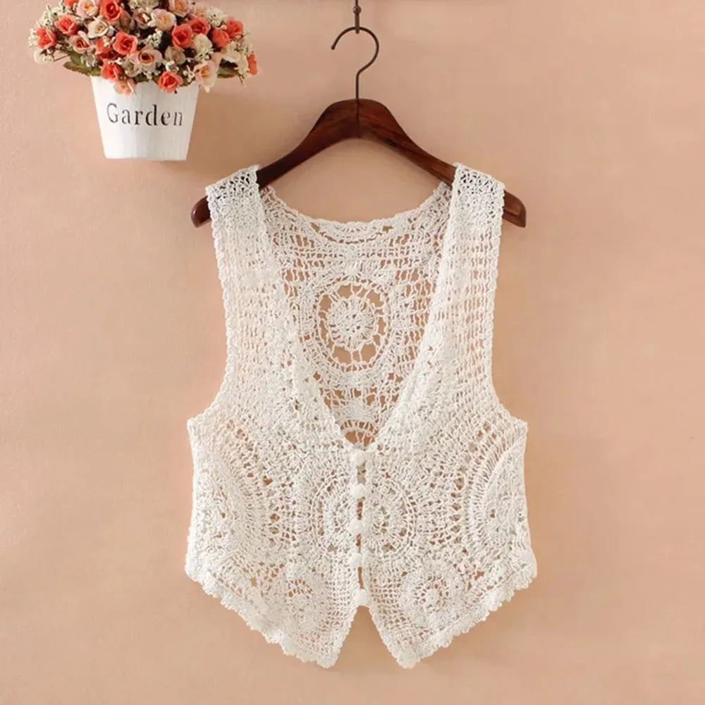 Bohemian Crochet Lace Vest Womens Sleeveless Top Ivory