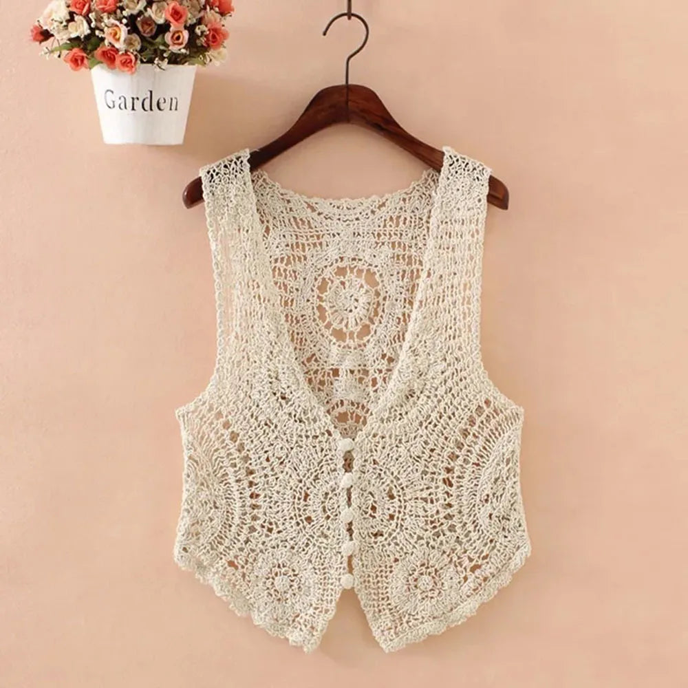 Bohemian Crochet Lace Vest Womens Sleeveless Top Ivory on Luulla