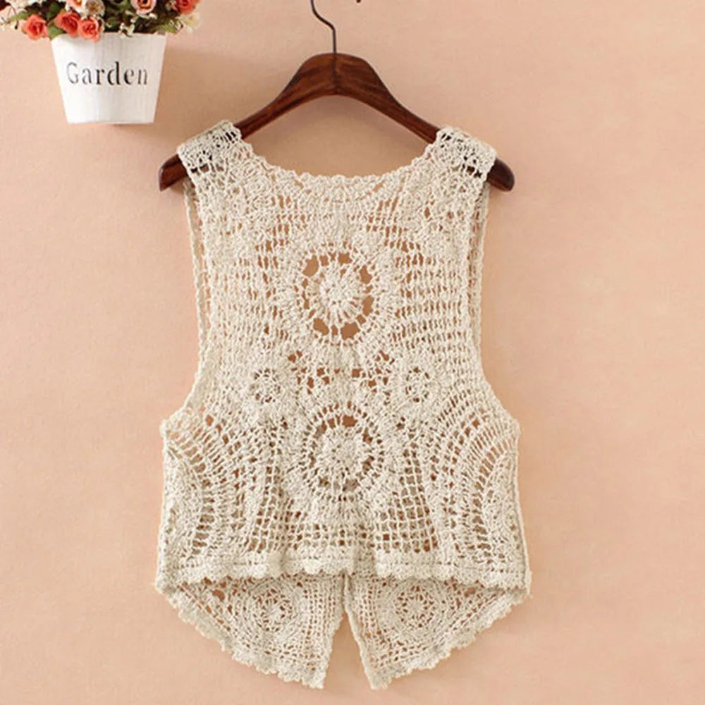 Bohemian Crochet Lace Vest Womens Sleeveless Top Ivory on Luulla
