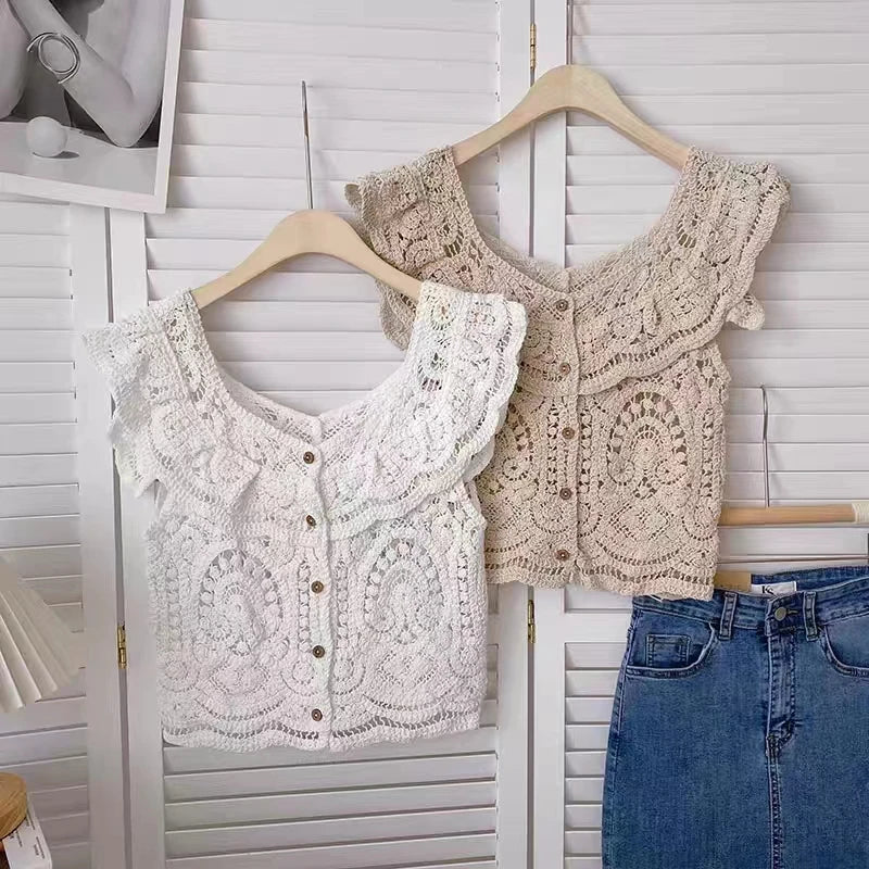 Boho Crochet Lace Sleeveless Button-up Vest Top on Luulla