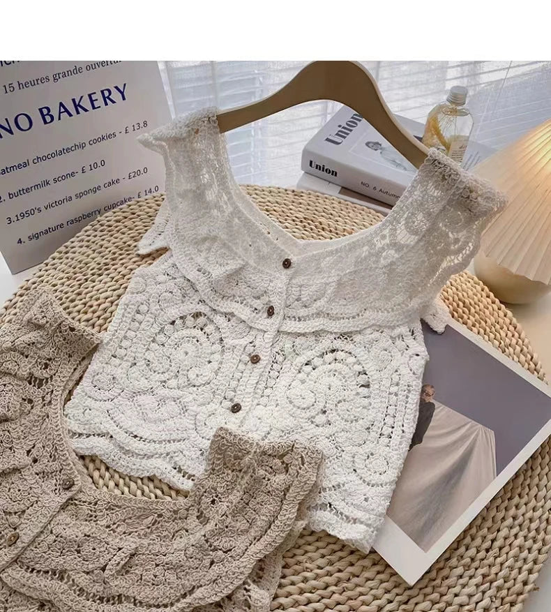 Boho Crochet Lace Sleeveless Button-up Vest Top on Luulla